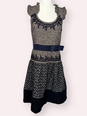 TOCCA Vintage Gray Tweed A-Line Dress Black Lace Navy Blue Ribbon Belt Size
